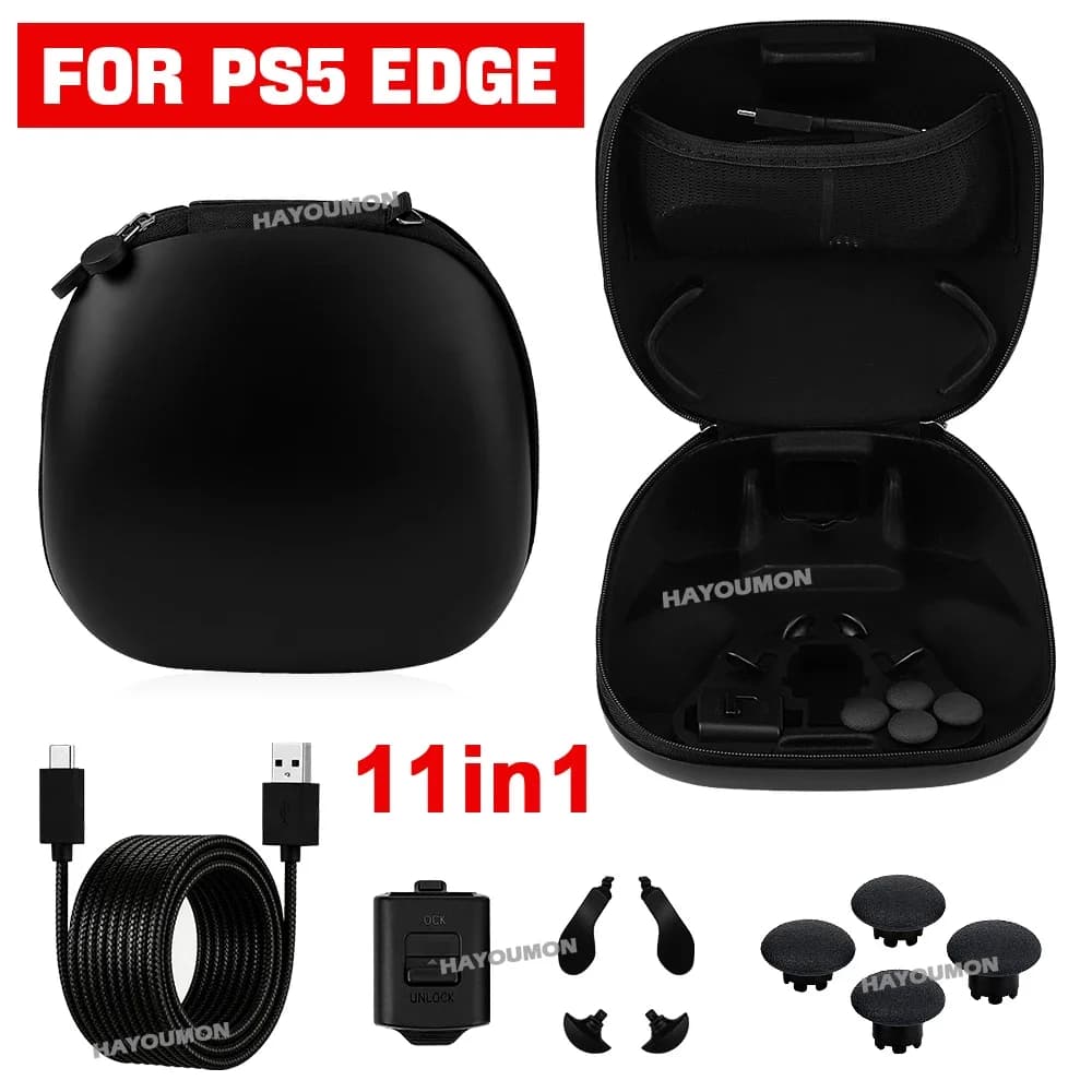 11 IN 1 Accessory Kit For PS5 EDGE Controller Storage Bag Complete Component Pack,Braided Charge Cable,Lock Housing,Back Paddles