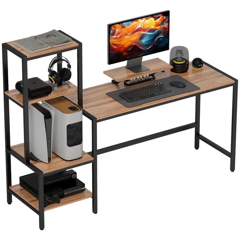 HOMCOM Computer Desk, 67" CPU Desk with Monitor Stand, Reversible 4-Tier Shelf, Industrial Writing Desk for Study Room, Brown