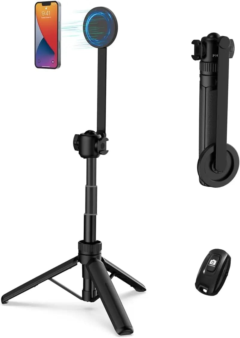 Treppiede Magnetico per Selfie da 35 Pollici, Treppiede Estensibile per Telefono con Supporto per Telefono e Telecomando, Compatibile con iPhone/Android