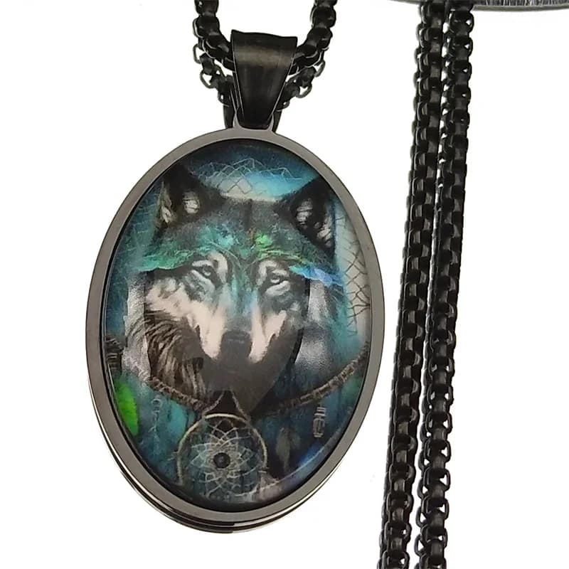 Wolf Oval Dreamcatcher Glass Medal Pendant Necklace For Women Men Stainless Steel Gold Color Photo Animal Jewelry Charm Gift