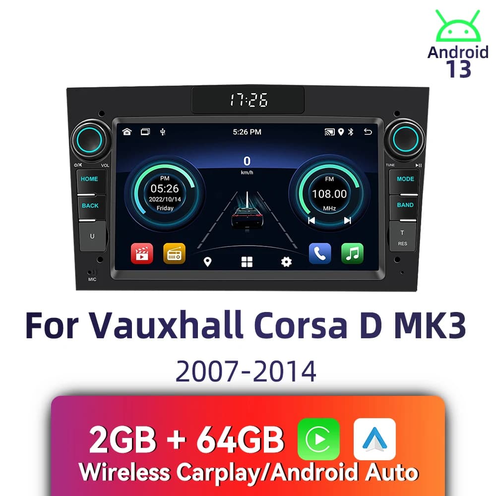 Autoradio Android da 7" 2 Din per Vauxhall Corsa D MK3 2007-2014 - Carplay wireless, navigazione GPS, BT, stereo multimediale per auto