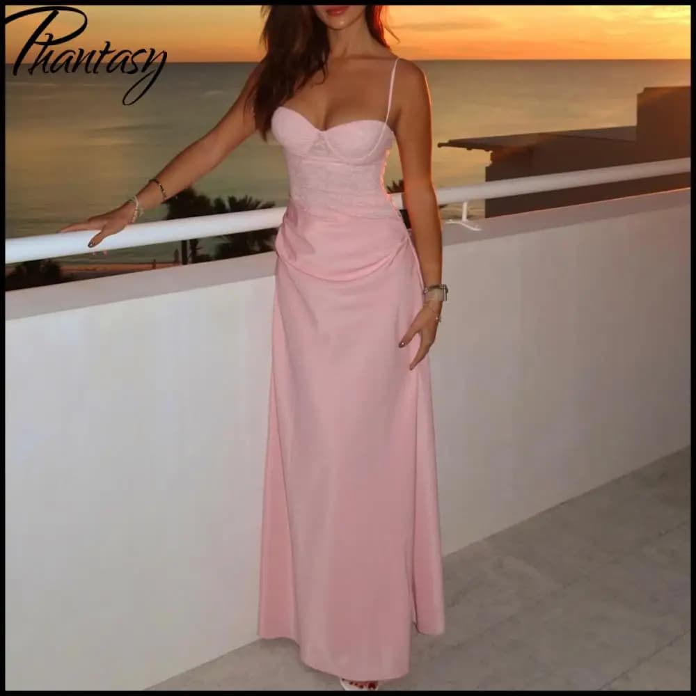 Abito lungo rosa da donna Phantasy, stile francese, con spalline e pizzo, maxi abito elegante floreale rosa, abito da ballo, outfit estivo per le vacanze 2026