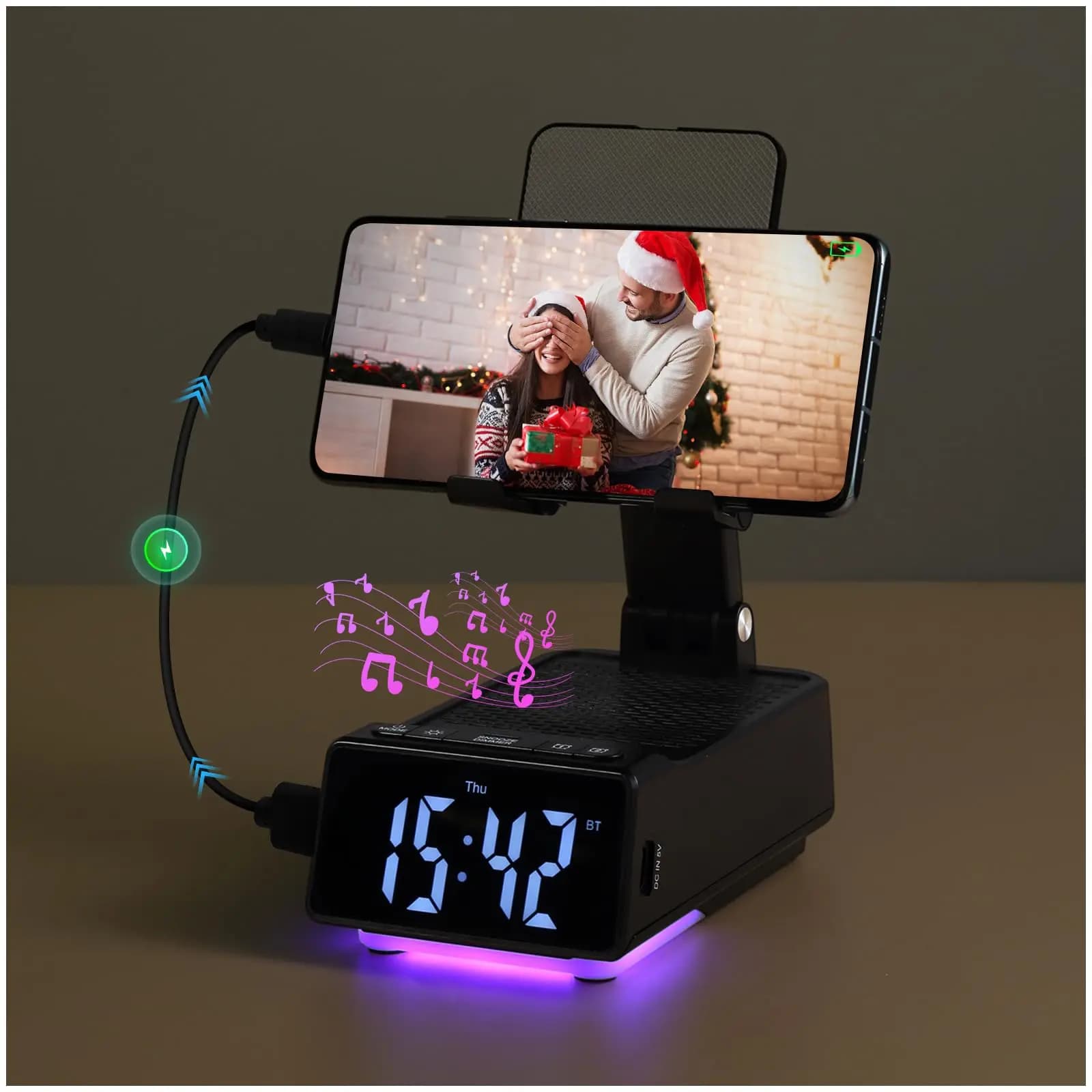Support for mobile phone 7 in 1 with wireless speaker and alarm | From table, USB charging type C, not, stereo audio output,