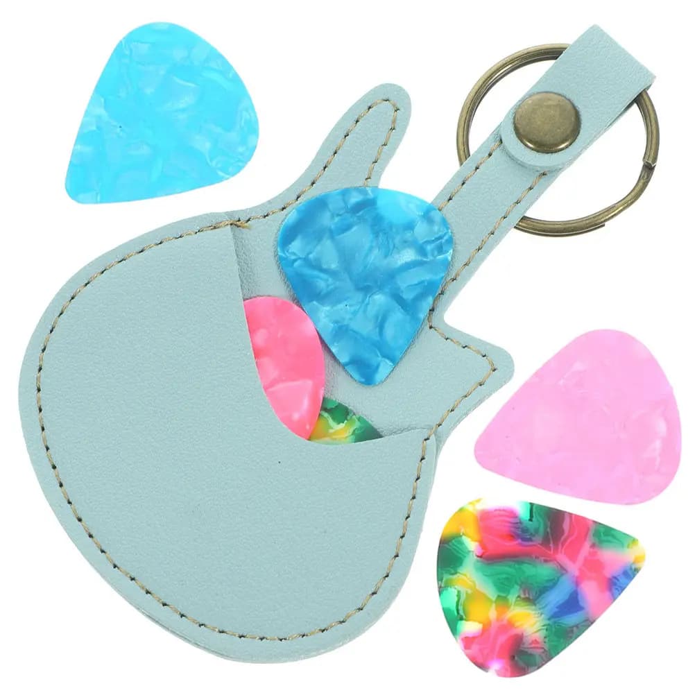 Set di 1 custodia portatile compatta in PU per plettri da chitarra, con portachiavi, piccola e leggera, per plettri di chitarra acustica, elettrica e basso.