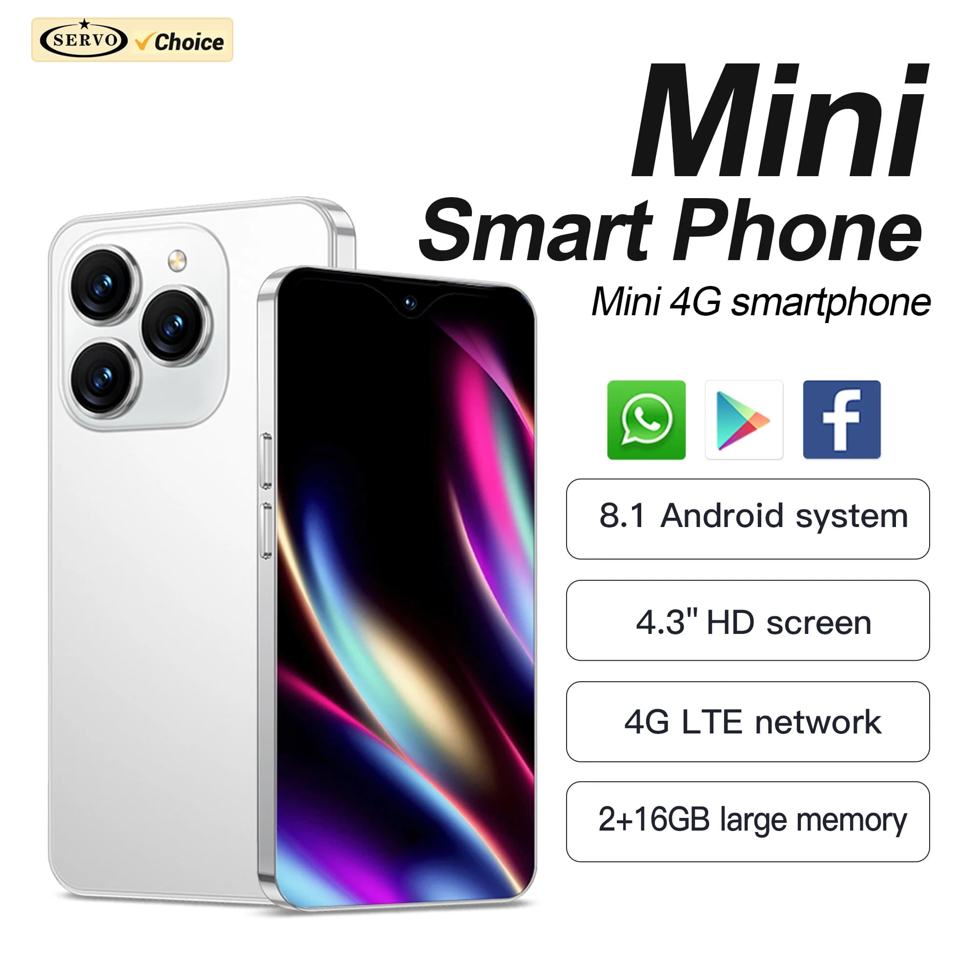 2026 SERVO 4G LTE Mini Smartphone Sistema Android Google Play 2GB+16GB Fotocamera 13MP OTG WiFi Hotspot Display 4.3" Smartphone Carino