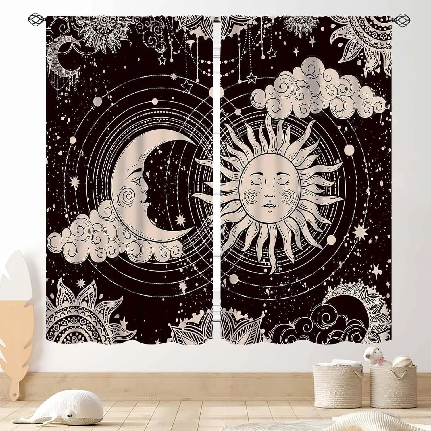 Tende Sole e Luna, Stile Boho Celestiale Gotico Stregonesco Hippie Mandala Sole Stelle Costellazione Mistica Estetica Tarocchi Drappeggio per Finestre