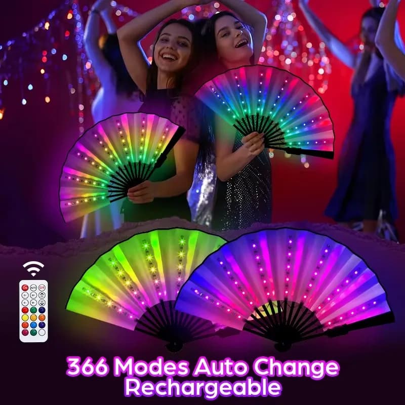 Ventilatore pieghevole ricaricabile Glow 366 RGB, Fan Led Dancing Light Fans, ventaglio pieghevole, per Music Festival Dj Bar Club Neon Party