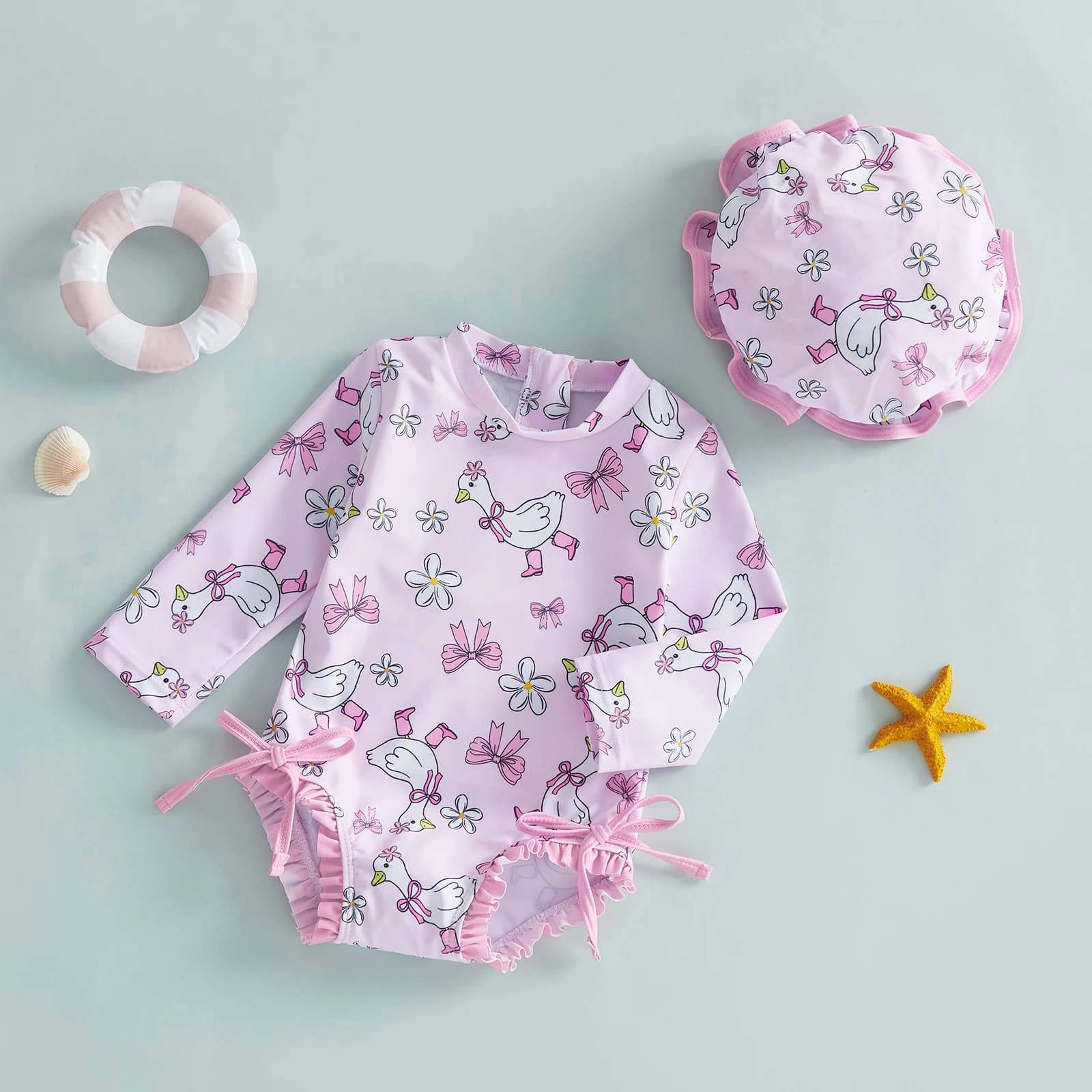 Toddler Girls Swimsuits Kids Cute Swan Bow Flower Print Rash Guard Long Sleeve Round Neck Jumpsuits with Hats Swimwear Beachwear