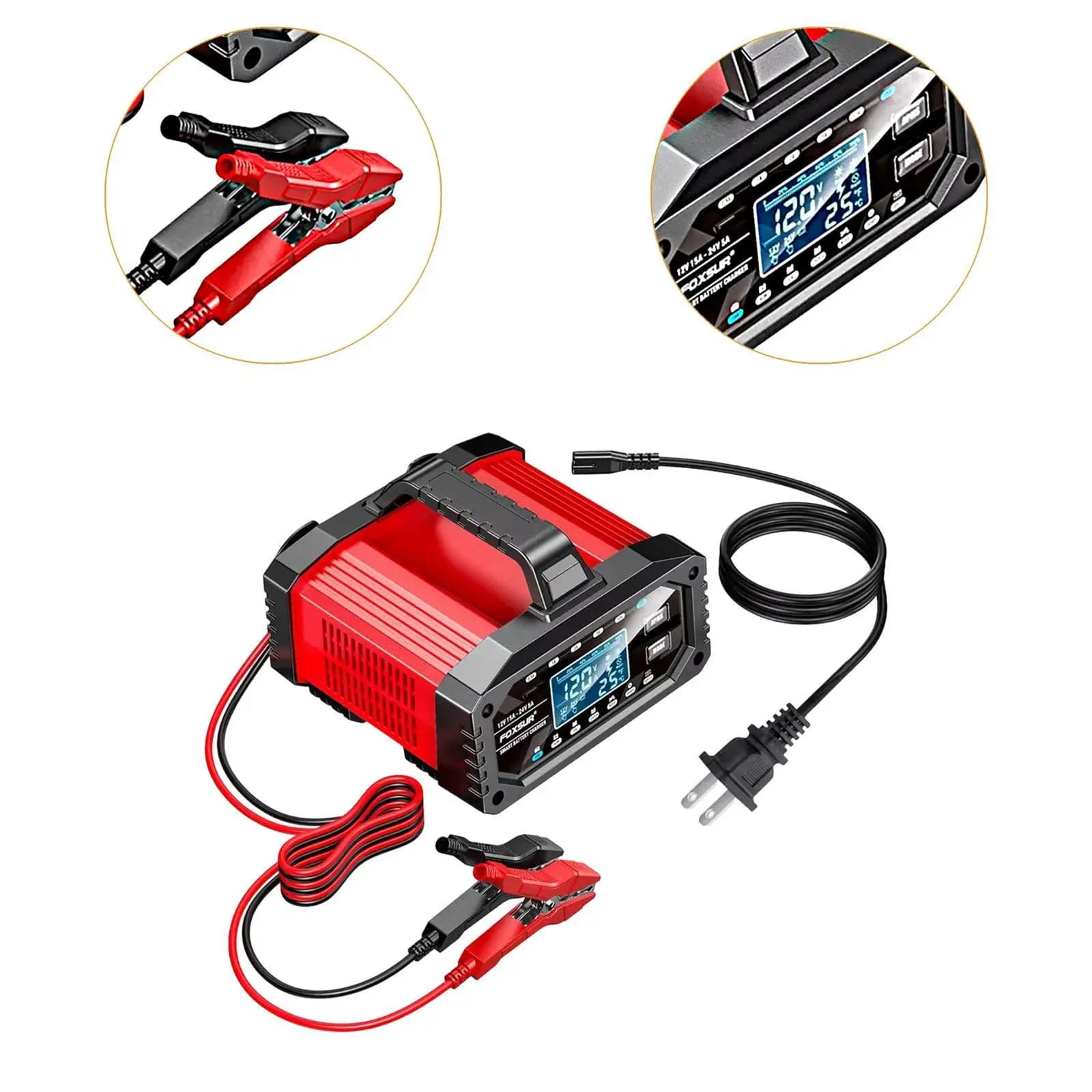 Caricabatterie per Auto Rosso e Nero in Materiale ABS, Avviatore di Emergenza Portatile per Uso con Batteria Ausiliaria in Auto e ATV