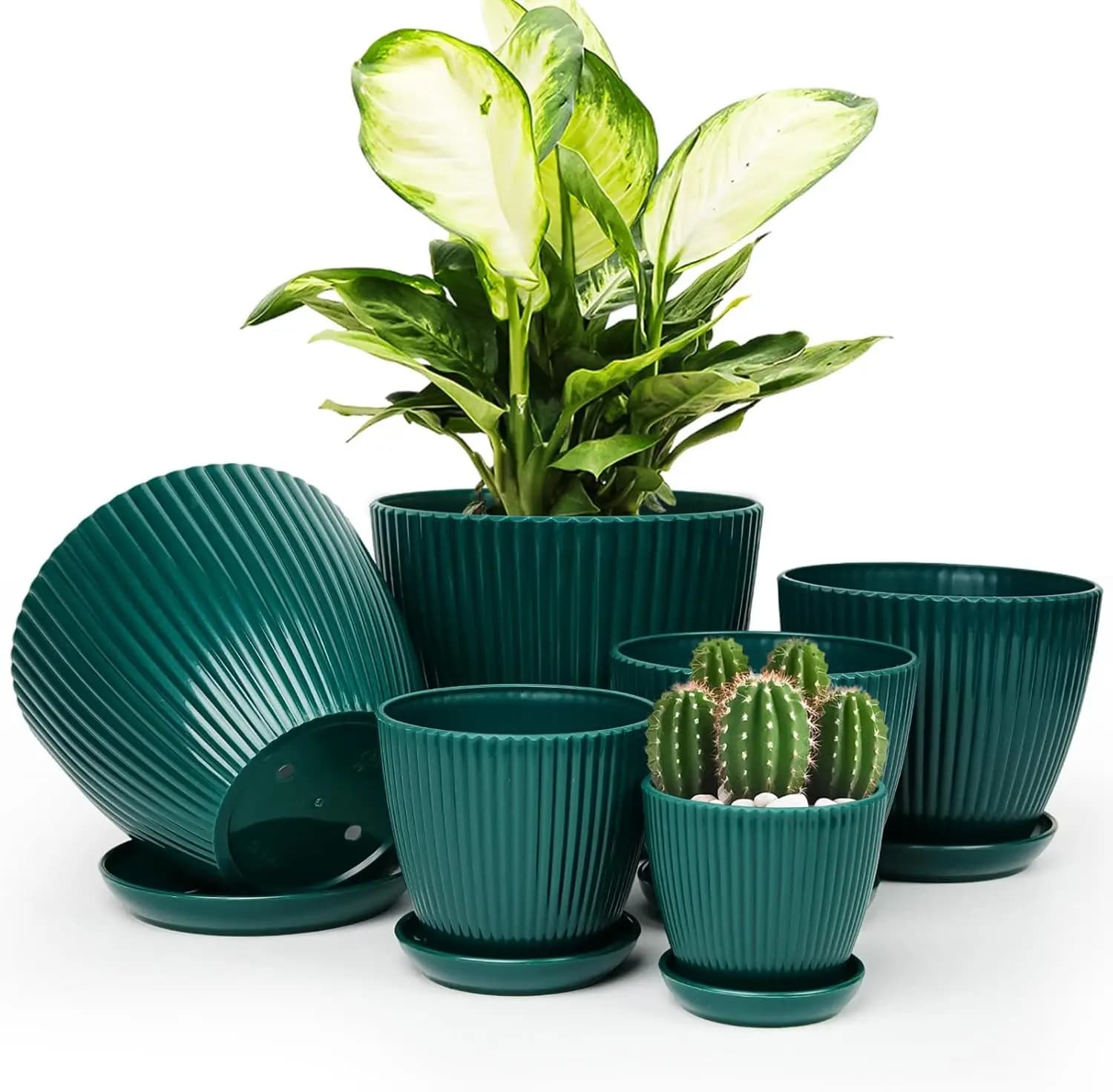 6-Pack Plant Pots with Saucers & Drainage, 7.5 to 3.5 Inches, Dark Green Plastic Planters for Indoor Plants