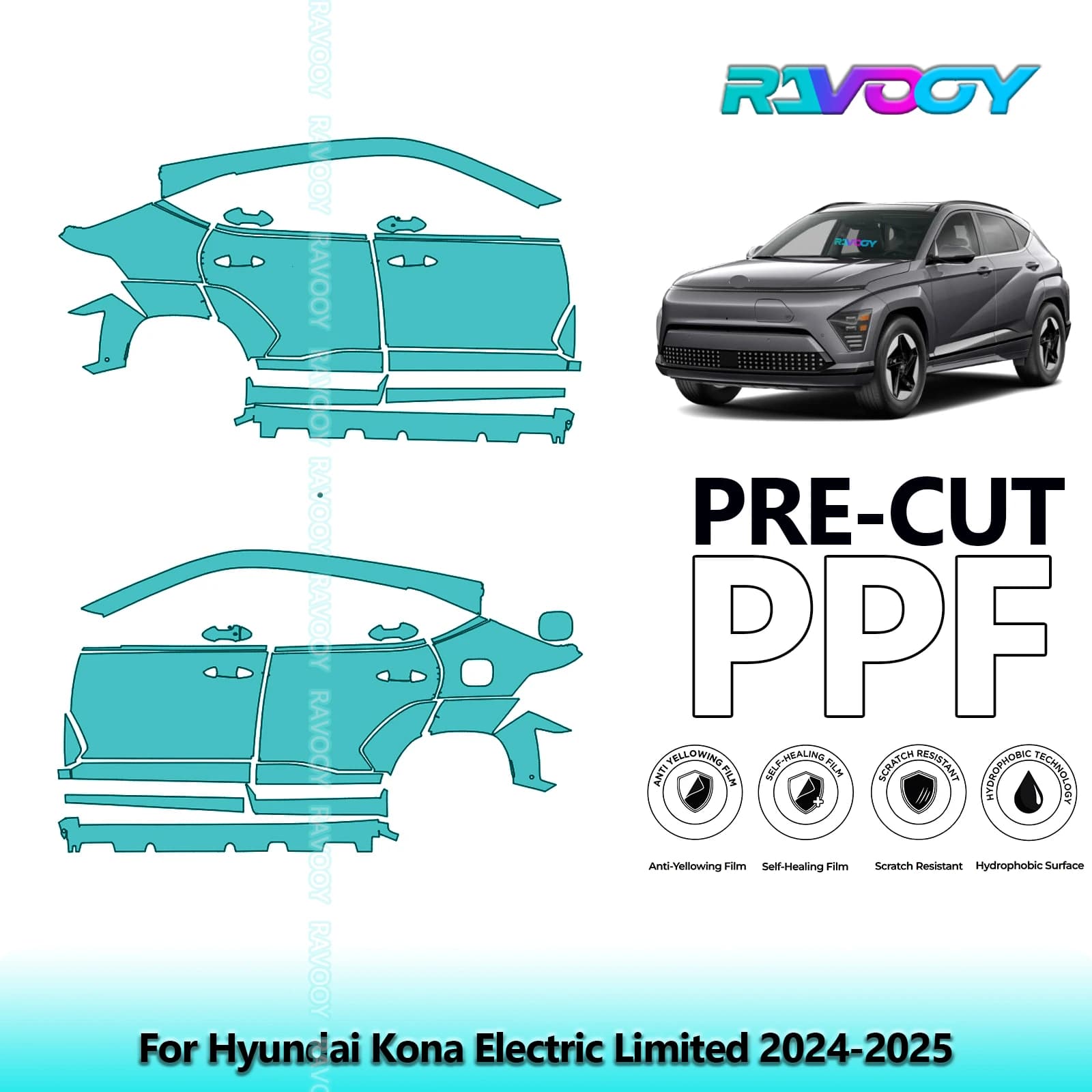 For Hyundai Kona Electric Limited 2024-2025 8.5mil Transparent Pre-Cut PPF Door and Pillar A/B Kit TPU Paint Protection Film Set