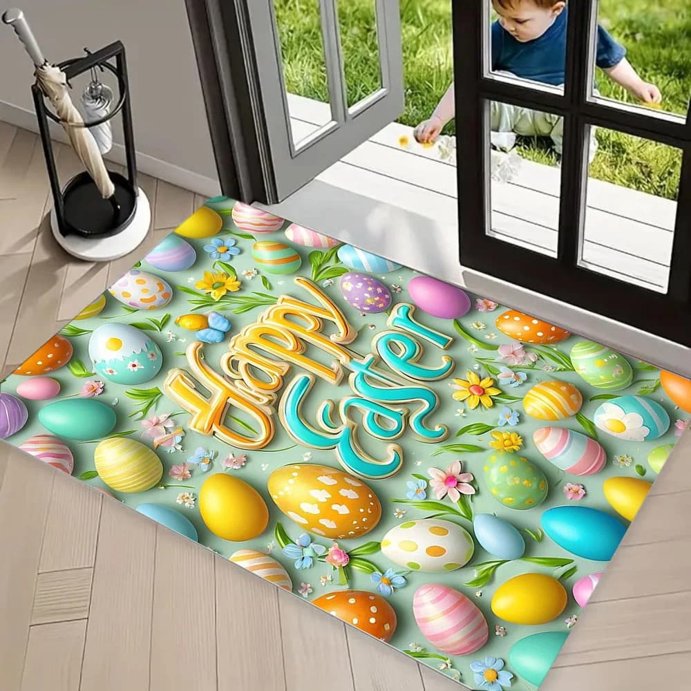 Tappetino per porta con motivo stampato con conigli autunnali e tappetino per porta con uova di Pasqua, adatto per bagno, cucina, camera da letto, ufficio, decorazione