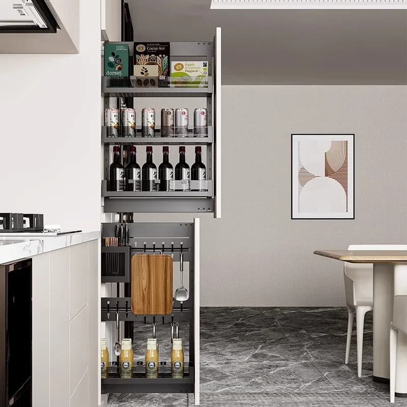 Cans cutter with side basket for kitchen holes, attached to storage rack