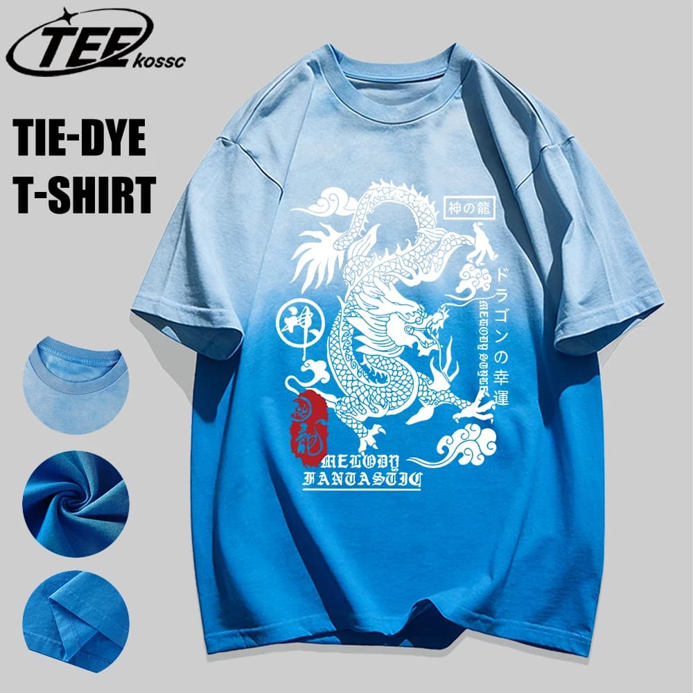 T-Shirt da Uomo con Misterioso Drago Cinese Antico, Cotone Estivo a Maniche Corte, Trendy con Collo Tondo, Tie-Dye, Unisex