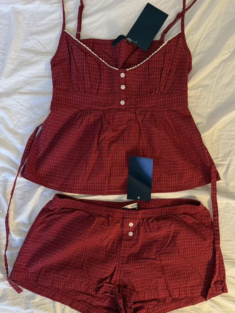 Set di pantaloncini senza maniche con bottoni scozzesi rossi Set da donna con lacci sul retro in pizzo Camis slim + pantaloncini in vita elastica Set da 2 pezzi in cotone dolce