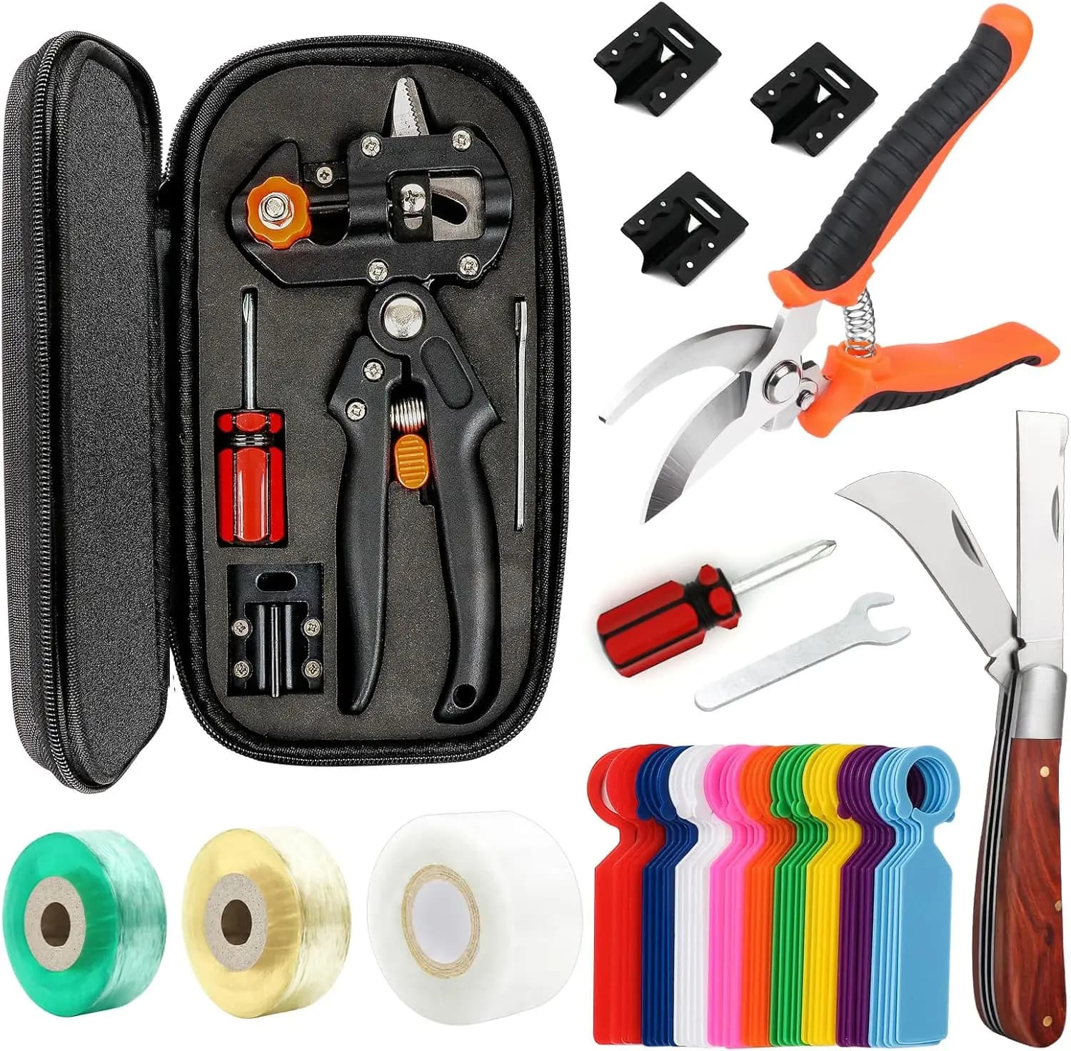 Kit di Attrezzi per Innesto da Giardino 2-in-1 con Coltello, Forbici, Lame, Nastri e Etichette per Potatura di Rami e Alberi da Frutto