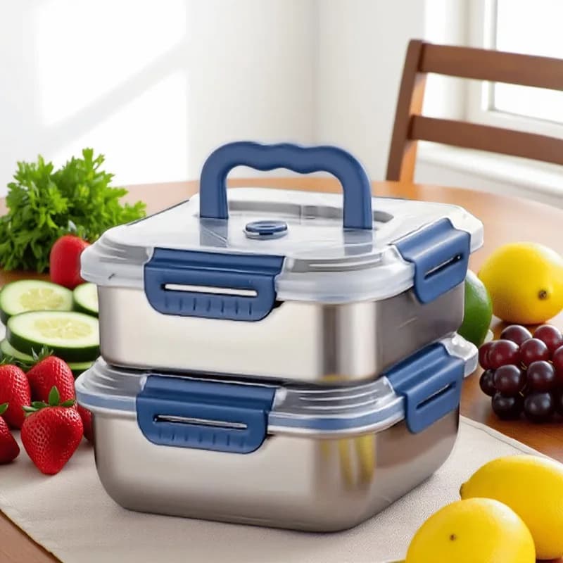 Contenitori per alimenti extra large in acciaio inossidabile Coperchi blu Design profondo Sigillo ermetico Frigorifero Organizzazione Preparazione dei pasti Scatole per il pranzo