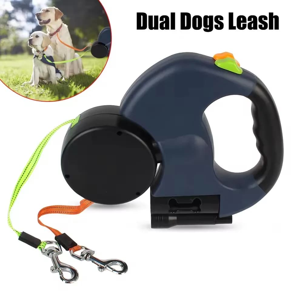 Guinzaglio retrattile automatico per animali domestici 1 traino 2 Guinzaglio doppio per cani con torcia elettrica e dispenser per sacchetti Guinzaglio durevole per cani