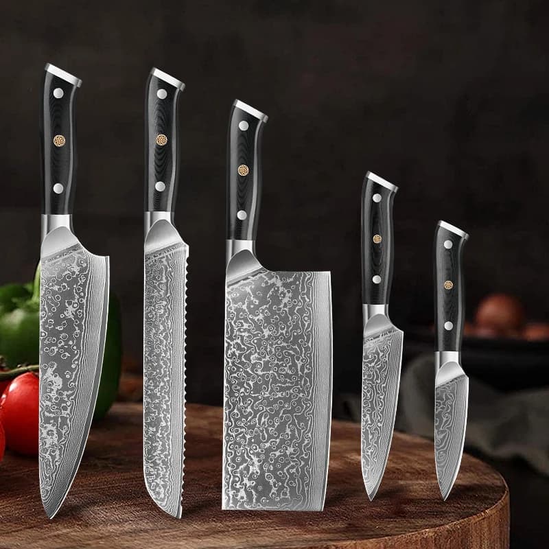 Set di 1-5 Coltelli da Chef in Acciaio Damascato, Coltelli da Cucina, Coltello da Intaglio, Coltello da Verdura, Coltello da Pane, Coltello Multiuso, Coltello Speciale da Chef con Manico in G10