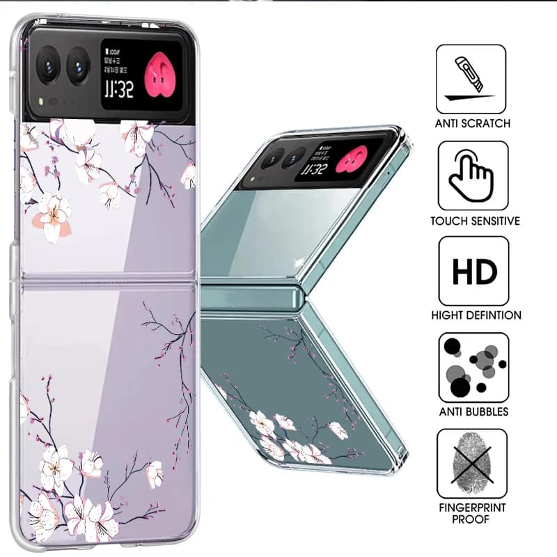 Custodia per telefono con motivo fiori bianchi per Motorola Razr 60 50 40 Ultra Razr40 Razr50 Paraurti antiurto pieghevole Cover rigida trasparente