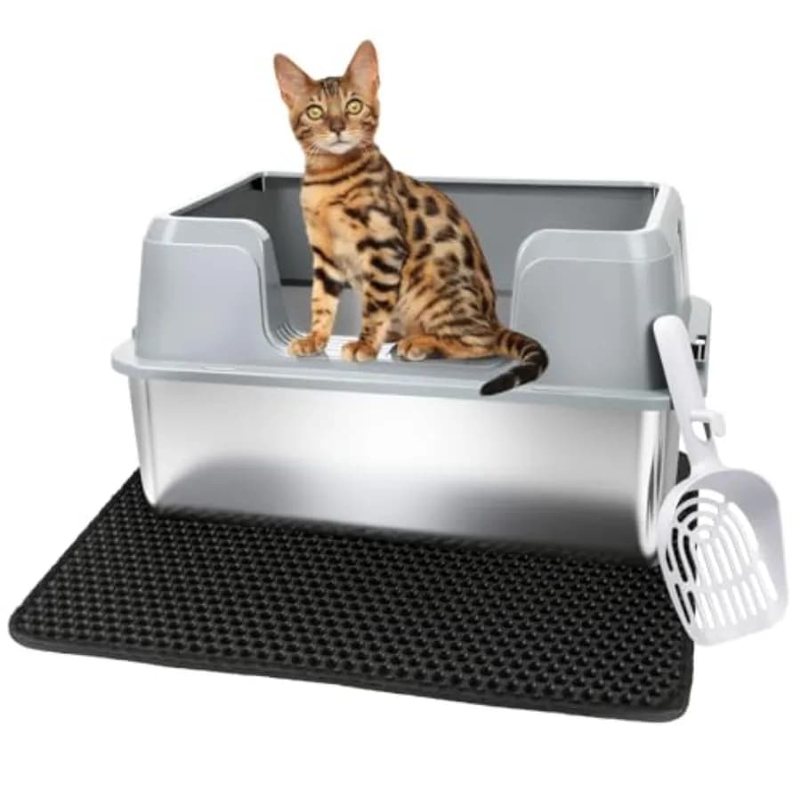 Lettiera per Gatti in Acciaio Inossidabile, Lettiera Grande Semi-Chiusa con Coperchio e Tappetino, Vassoio in Metallo Anti-Perdita per Facile Pulizia e Igienizzazione