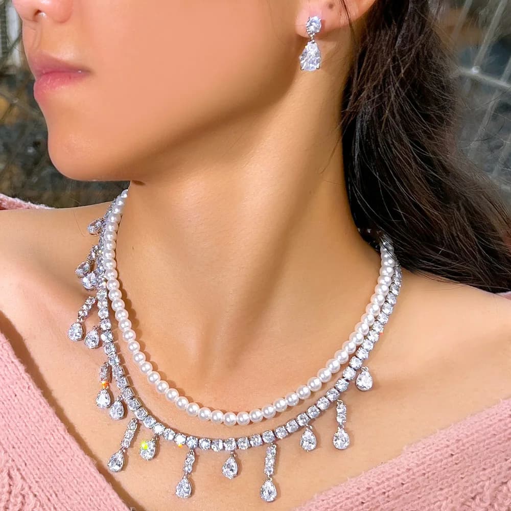 BeaQueen Elegant 2 Layered Sliver Color Pearl Long Tassel Water Drop Necklace Earring for Women Anniversary Jewelry Set JS412