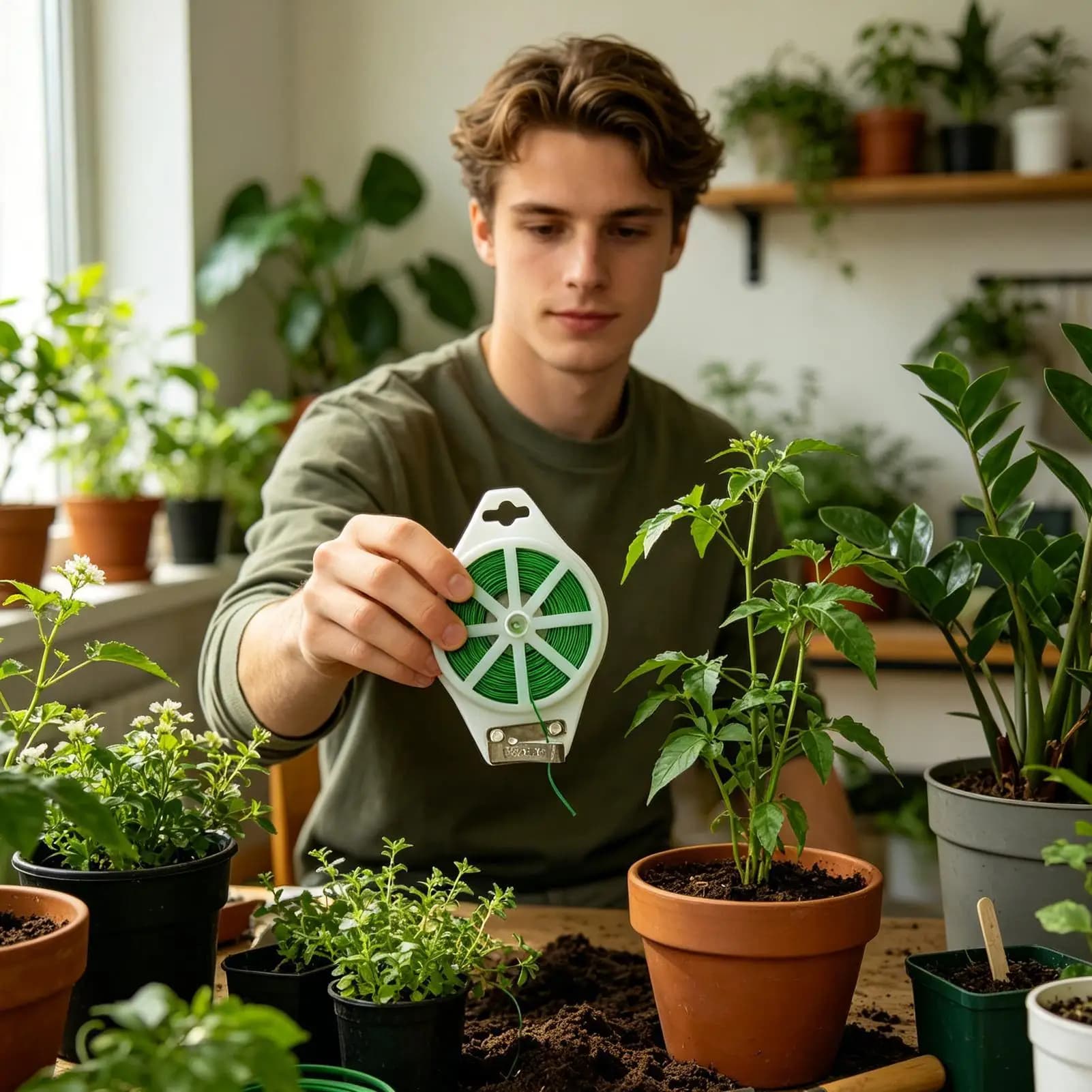 Fascette verdi per piante con taglierino, riutilizzabili, resistenti e non danneggiano le piante, ideali per il giardinaggio.