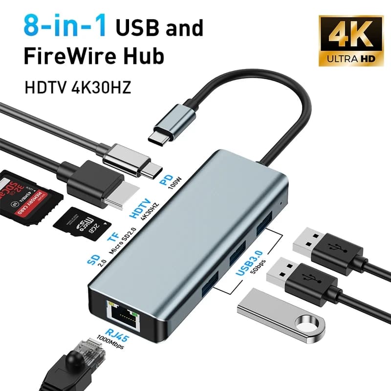 Hub USB C 8-in-1 con HDTV 4K Ultra HD, RJ45 1000Mbps, 3x USB 3.0 5Gbps, PD 100W, Lettore SD/TF, Case in Alluminio per Laptop