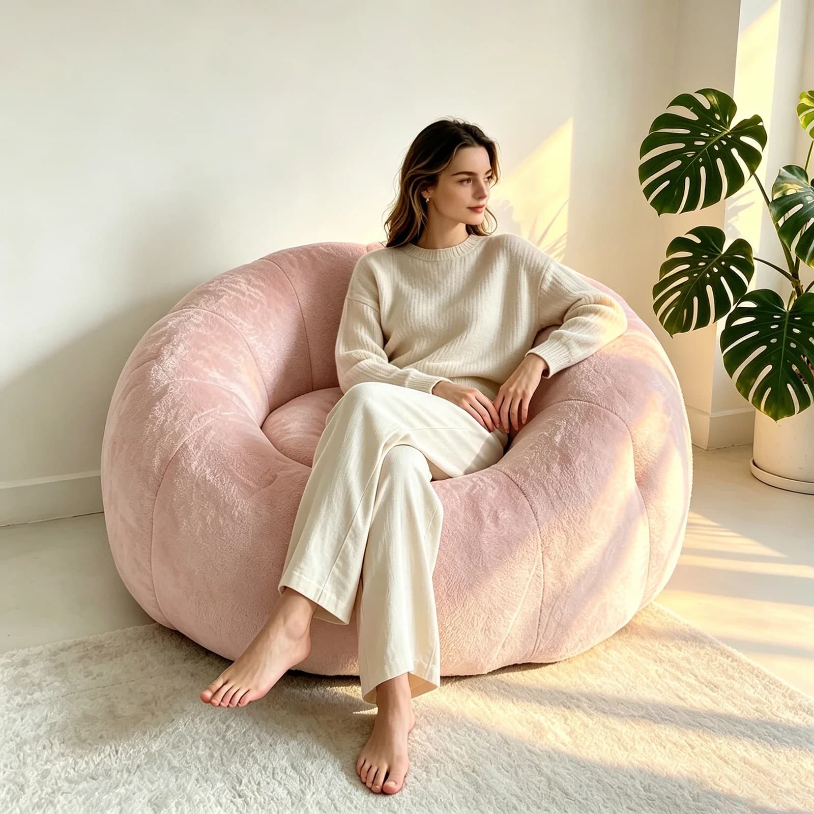 Fluffy Round Beanbag Chair, Giant Stuffed Beanbag Sofa for Adults, Comfy Lounge Chair for Reading Gaming Relaxing Living Room Bedroom