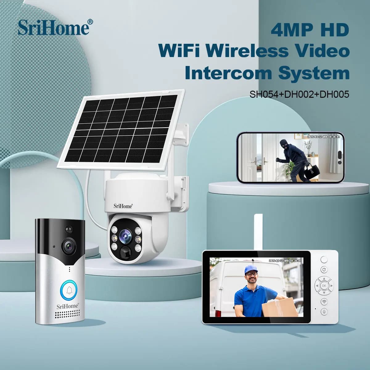 Srihome SH054 Schermo da 5 pollici 4MP 1440p Wireless WIFI Campanello Kit telecamera IP solare Videocitofono Telecamera visiva per porta