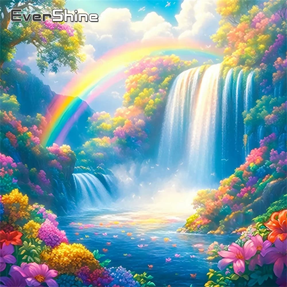 EverShine Diamond Embroidery Waterfall Landscape Full Square Round Mosaic Flower Cross Stitch Painting Rainbow Home Decoration