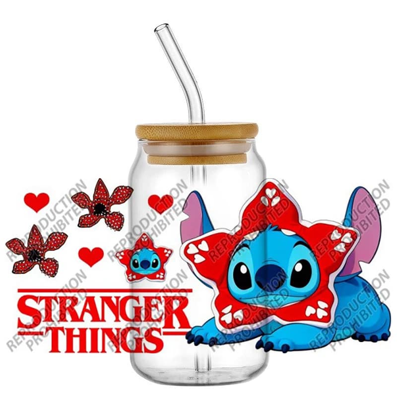 16oz UV DTF decorative 3D stickers with cartoon character Stranger Stitch, very popular, for glasses, cups, DIY, creative gifts.