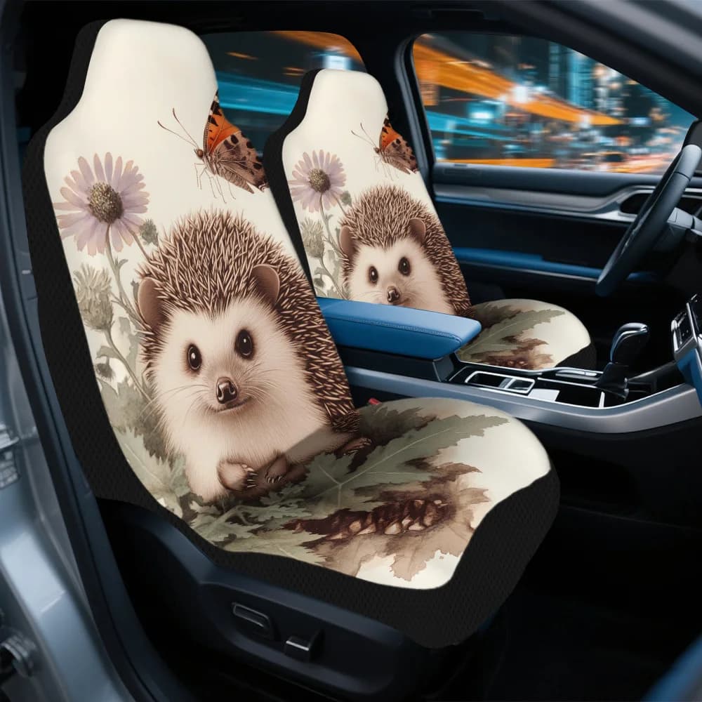 Set Of 2 Car Seat Covers Featuring A Hedgehog And Butterfly Design, Compatible With Front Seats, Ideal For Both Men And Women, S