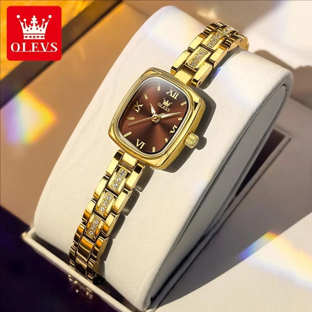 OLEVS Quartz Watch for Women Fashion Retro Square Gold Watch Elegant Bracelet Wristwatch Waterproof Ladies Dress Watches 3695