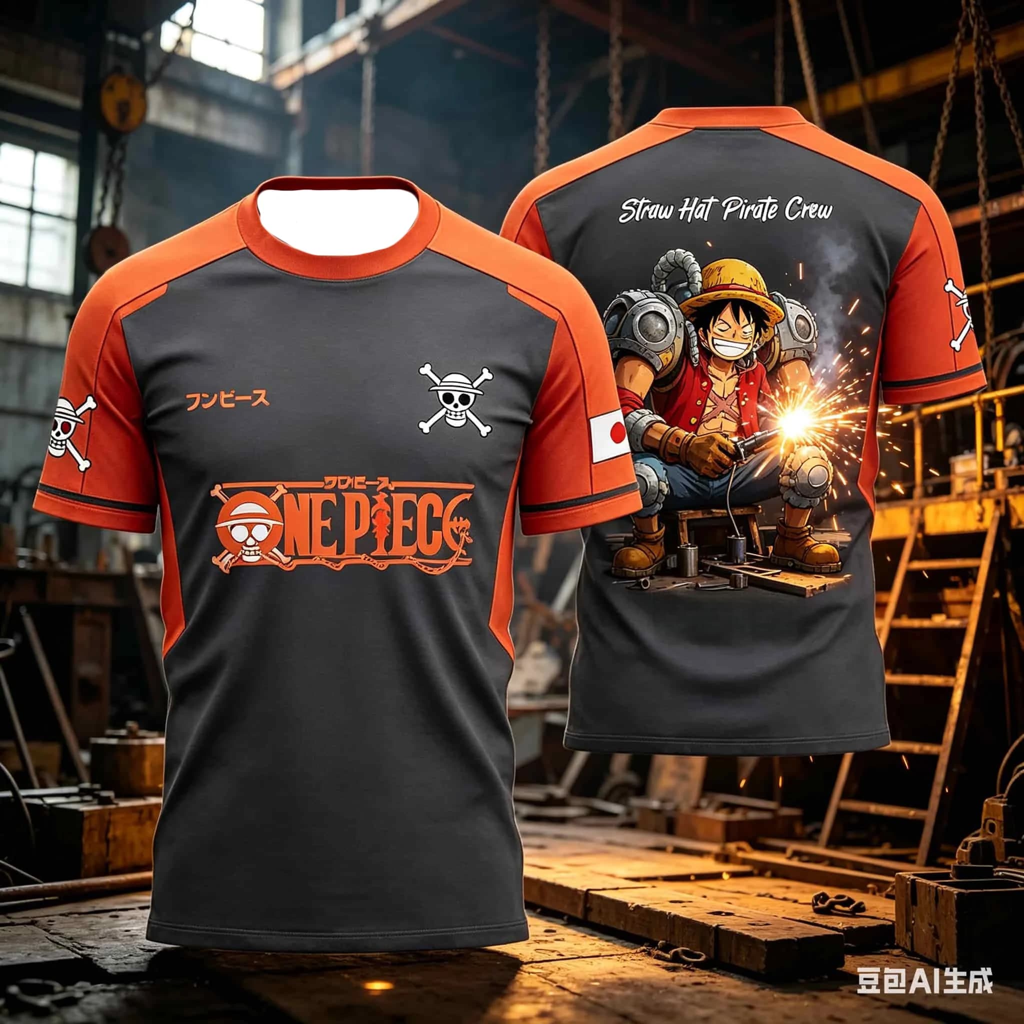 T-shirt Anime One Piece Monkey D. Luffy per Uomo Donna, Maglietta Estiva Raglan Streetwear Fan Top Pirata con Cappello di Paglia, Abbinamento Famiglia