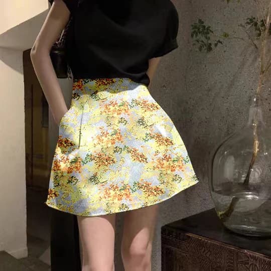 Gonna a Vita Alta con Stampa Floreale, Versatile, in Tessuto di Poliestere, con Tasche, per Donne Giovani 18-24 Anni
