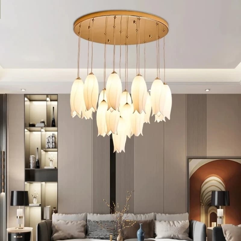 Luxury Multi Head Ceramic Tulip Stairs Lamp for Exhibition Hall, Lobby, Restaurant, Hotel Furniture, Led Lamp G9
