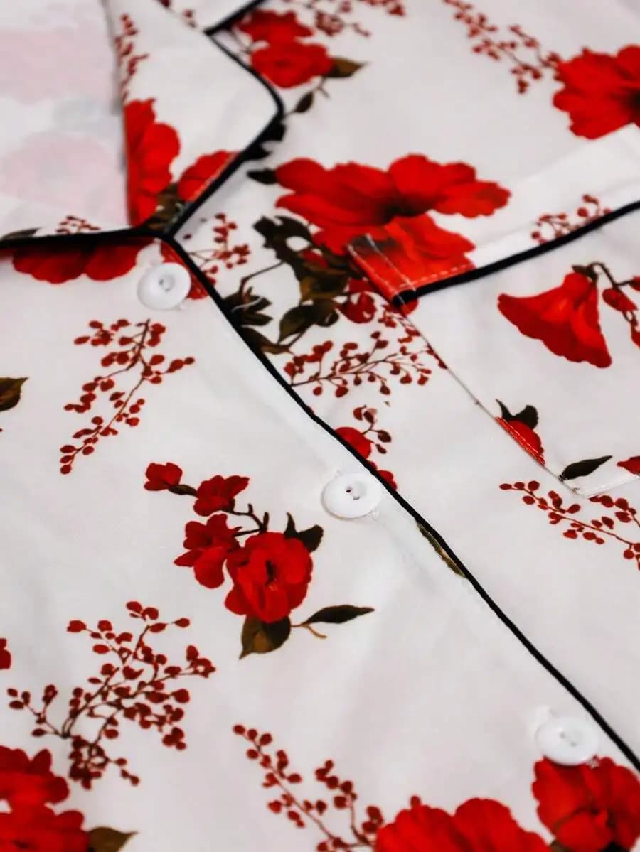 Womens Vintage Red Floral Print Satin Pajama Set Short Sleeve Button Down Notch Lapel Sleepwear