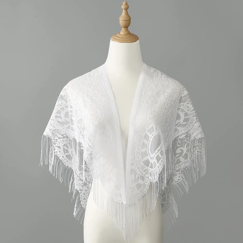 Elegante Sciarpa in Pizzo Monocolore con Rete Traforata e Nappe, Sciarpa Triangolare Trasparente, Coprispalle da Donna