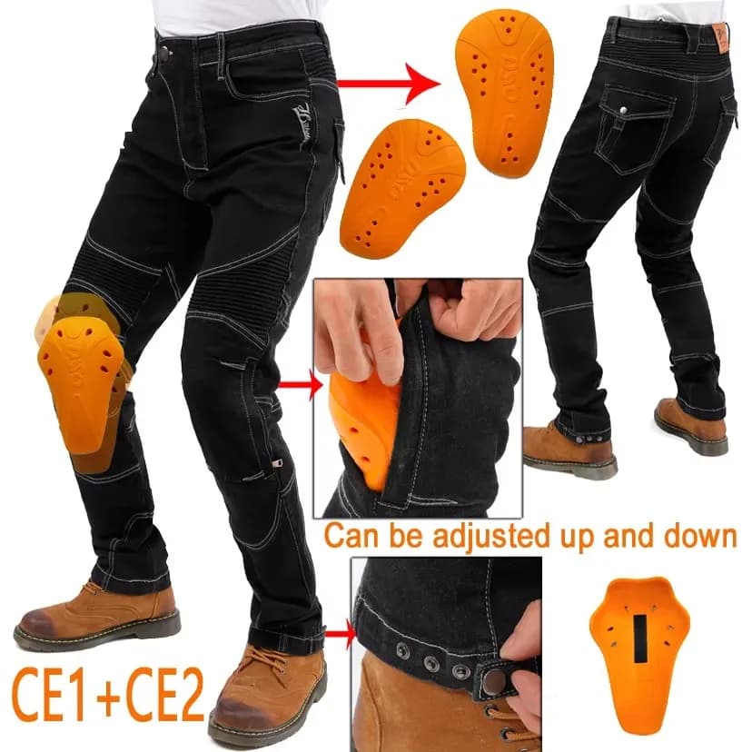 Jeans da Motocross Neri con Protezioni per Ginocchia Regolabili, Pantaloni Protettivi per Moto, Regolabili da Parte Superiore e Inferiore