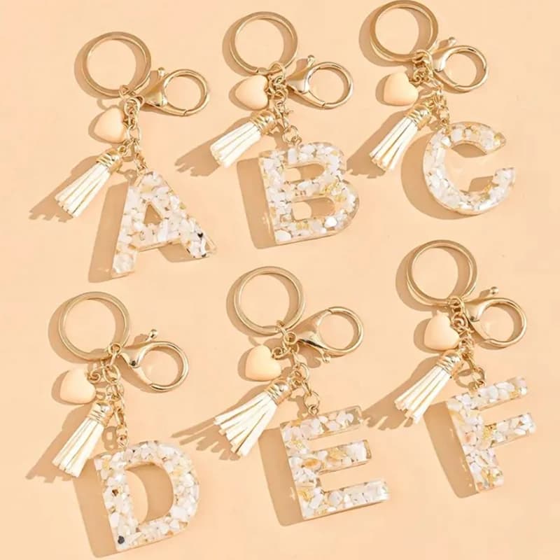 AZ Portachiavi inglese Nappa in resina Cuore Gocciolina Conchiglia Pietra Alfabeto Portachiavi Borsa Accessori per personaggi auto Anello portachiavi donna