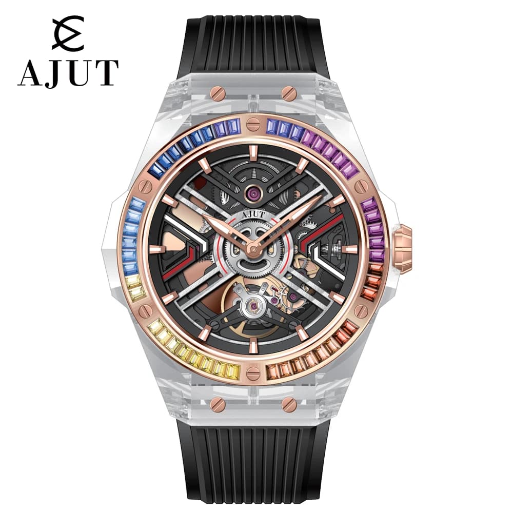AJUT Automatic Mechanical Crystal Case watches man High Quality Square Zircons Bezel Waterproof Watches for men Luxury 0525