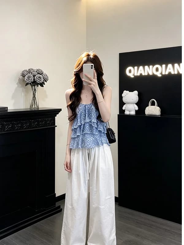 Sweet Style Blue Floral Trim Blouse And Cardigan Set Women's Summer Fashion Three-Piece Suit Wide Leg Casual Pants Sunscreen