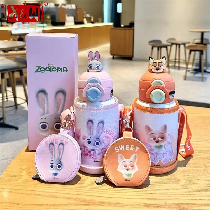 X&W Disney Kid Insulated Cup 316 Stainless Steel Cartoon Dual Drinking Straw Cup with Cup Sleeve Anti-fall Outdoor Water Bottle