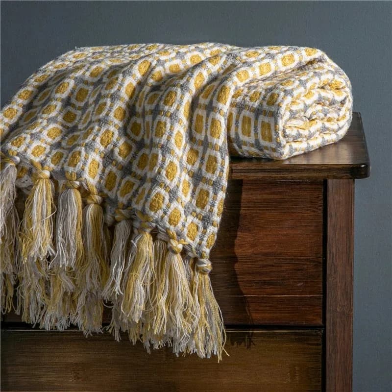 Coperta da viaggio nordica lavorata a maglia Coperta da viaggio Letto scozzese Tappeto da divano kaki con nappe Coperte vintage sottili per aria condizionata estiva