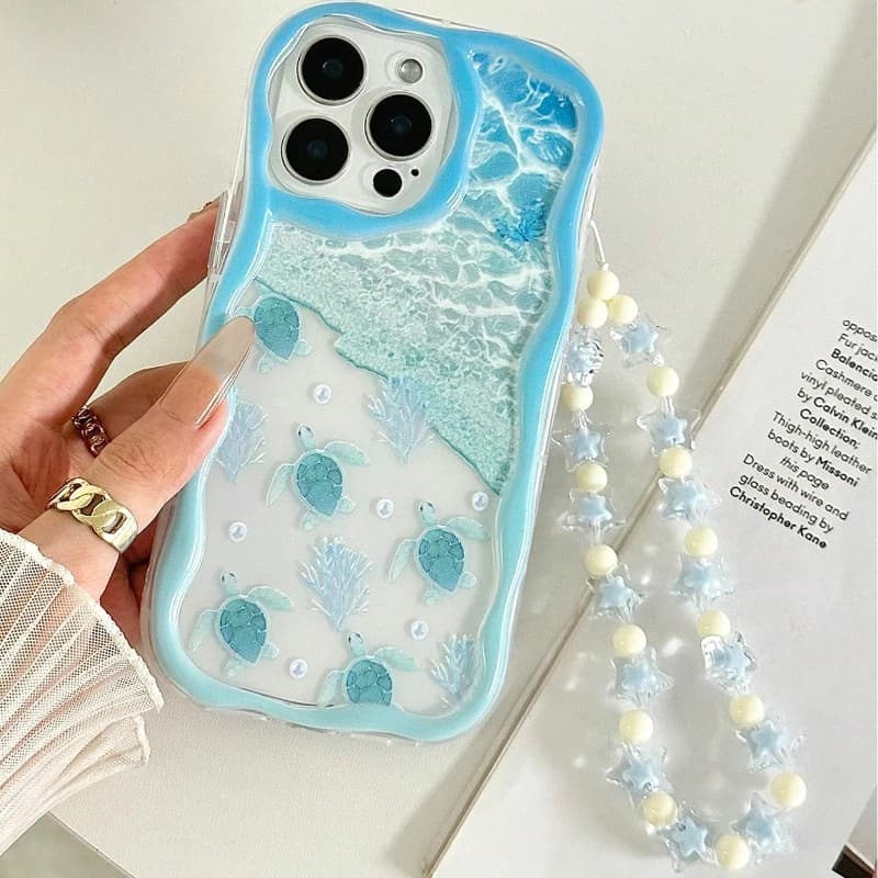 Fashion Wavy-edge Turtle Marine Elements Phone Case For iPhone 17 16 15 14 13 12 11 Pro Max 16E 17E Clear Bead String Soft Cover