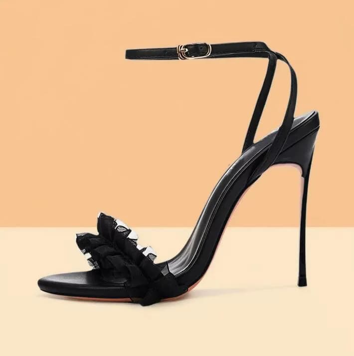 Sexy White Black Ruffles Open Toe Blade Heels Sandals Metal Stiletto High Heel Cross Ankle Strap Women Wedding Shoes