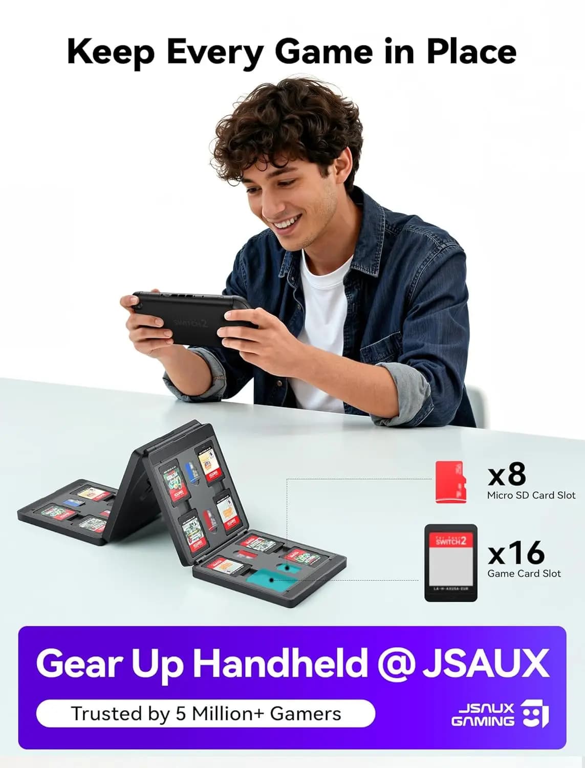 Custodia per carte da gioco Switch per Switch 2 e OLED e Lite, supporto per memoria portatile nero con 16 cartucce e 8 slot Micro SD