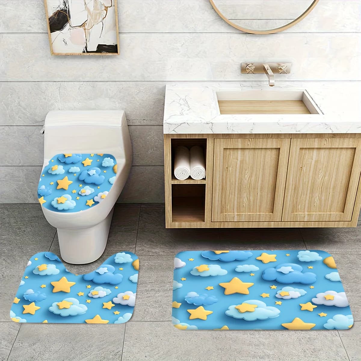 Set di Tappetini da Bagno a Tema Nuvole e Stelle per Cameretta Bambini, Decorazione per Bagno, Simpatici Tappetini per WC e Pavimento, Accessori per la Casa