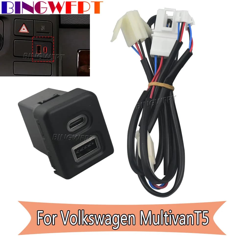 Caricatore USB per auto, presa di ricarica rapida, adattatore di alimentazione tipo C PD e QC3.0 per Volkswagen Multivan T5 2003-2007